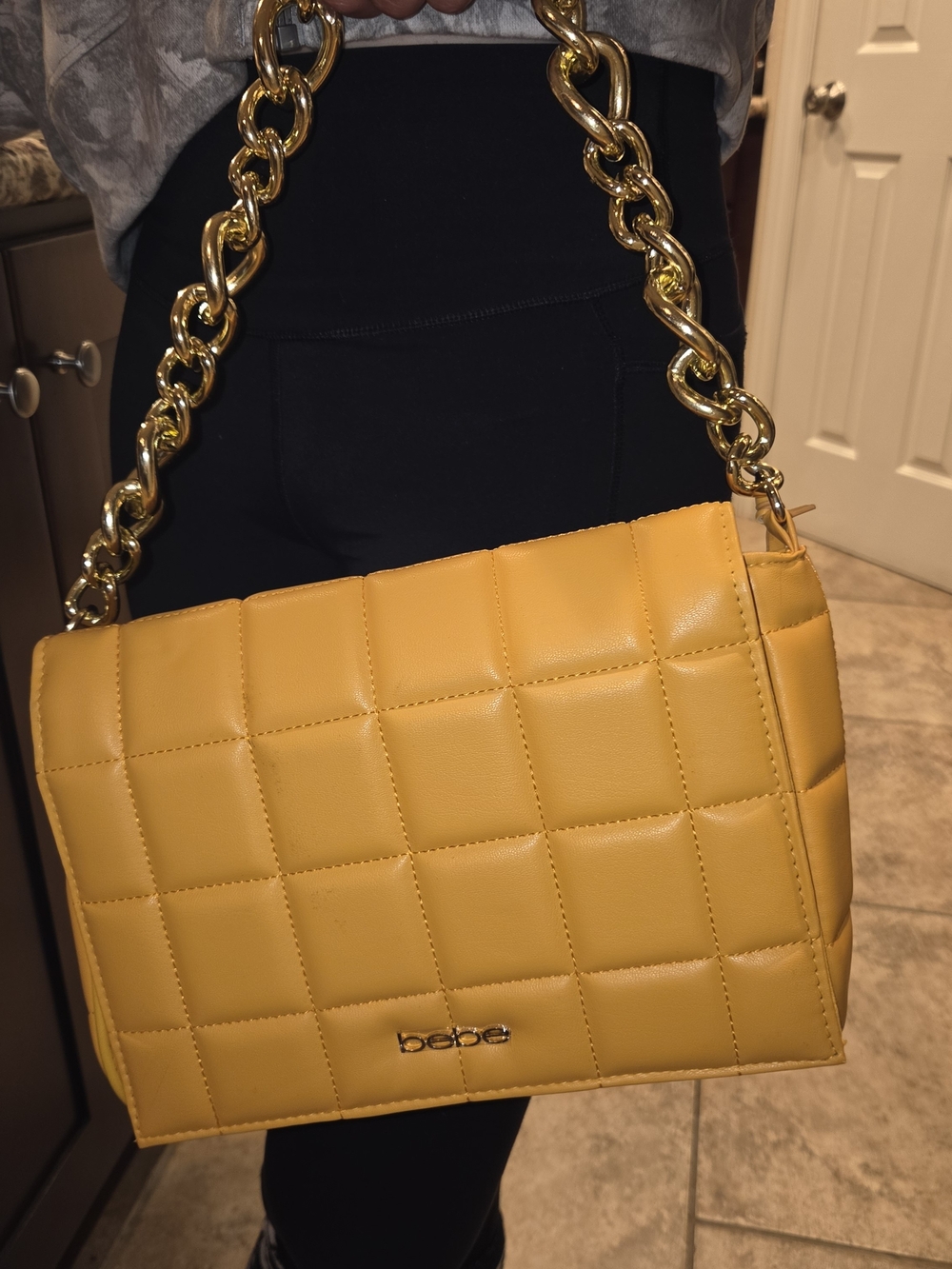 bebe Quilted Mustard Shoulder Bag with Gold Chain